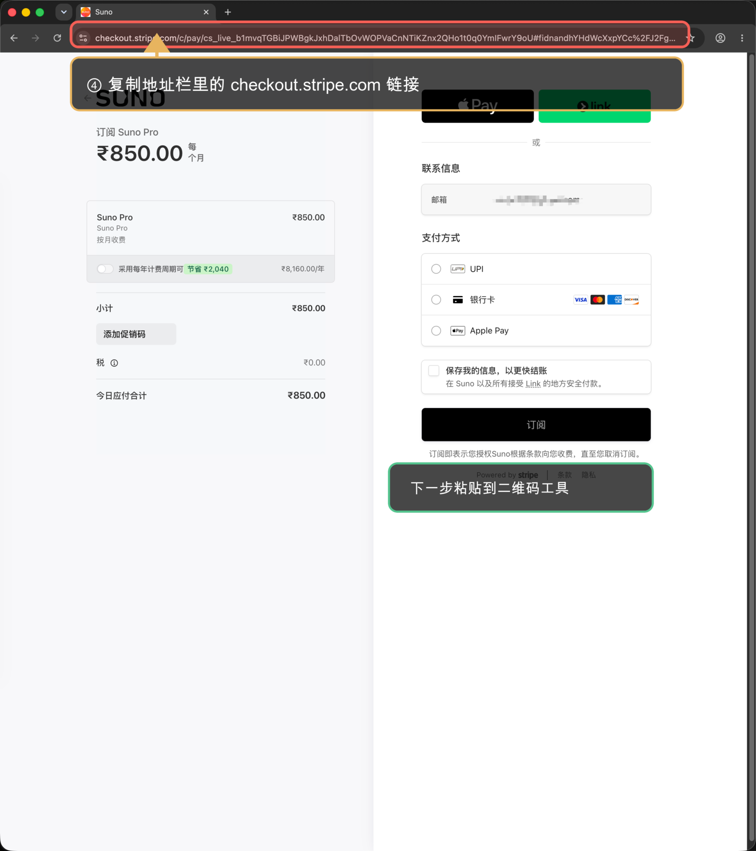 Stripe checkout 页链接复制标注图