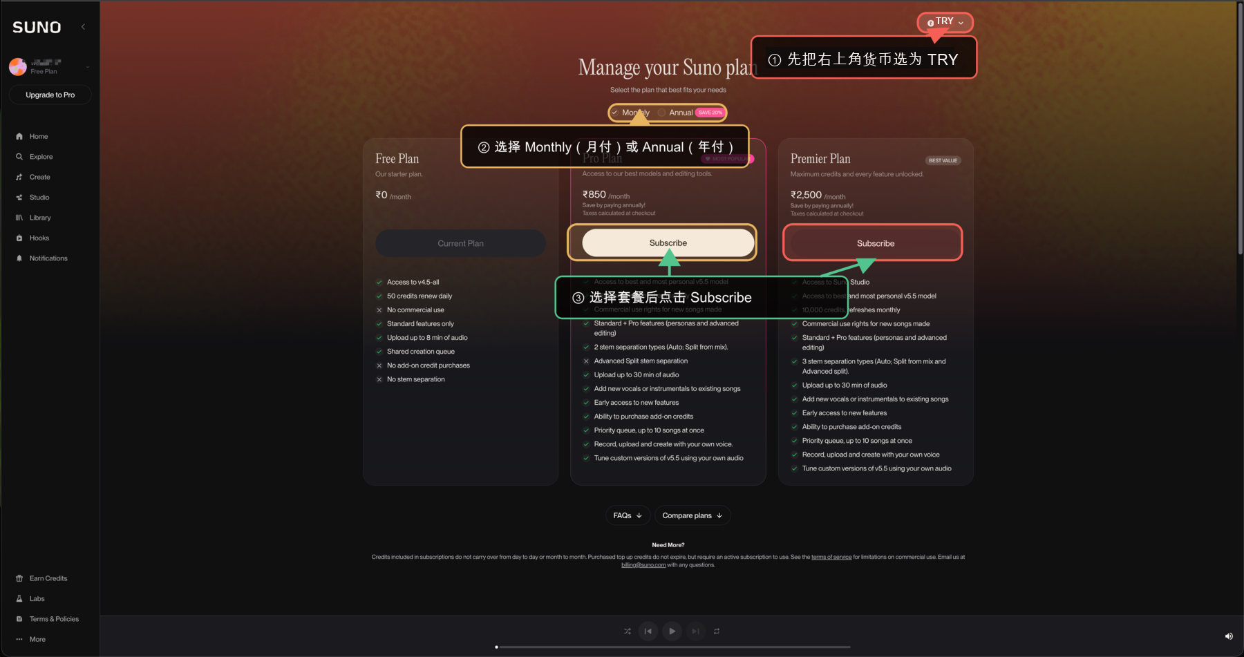 Suno 套餐页 TRY 土耳其里拉操作标注图